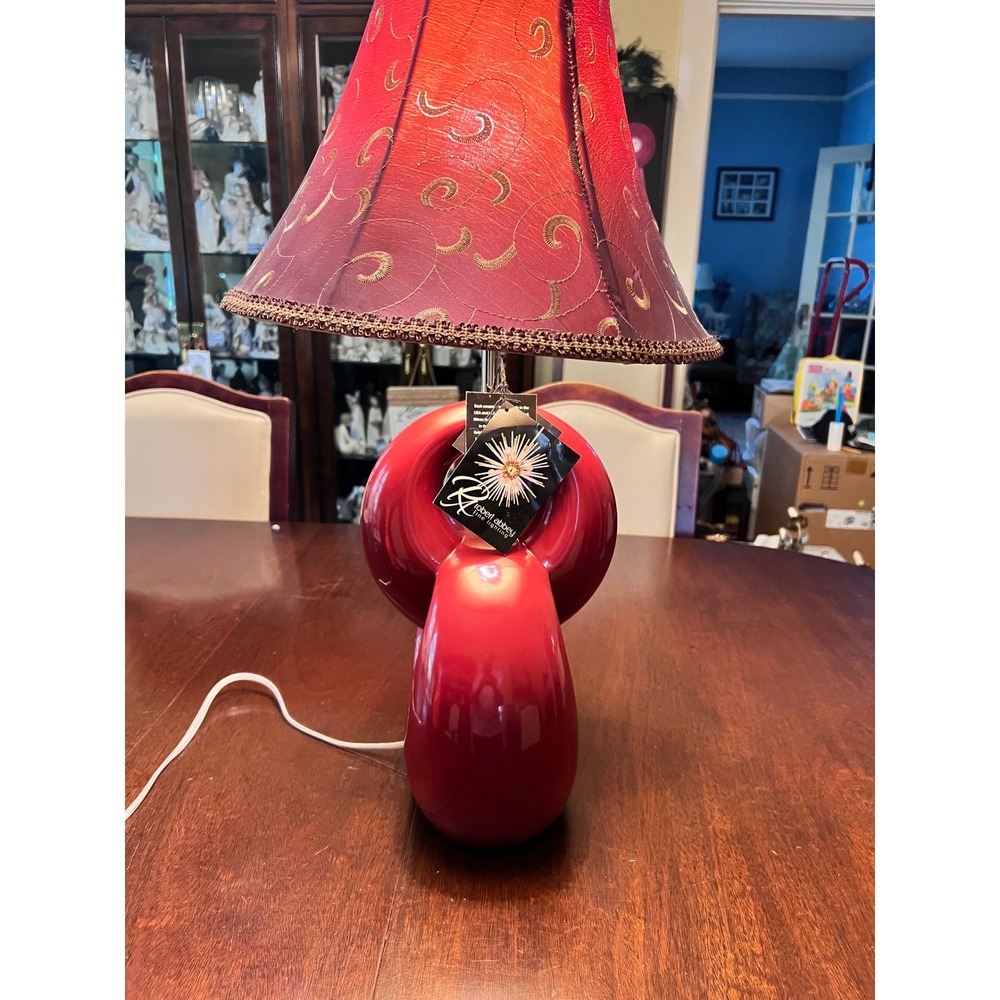 Robert Abbey Red Ceramic Interlocking Loop Table Lamp Embroidered Shade NWT